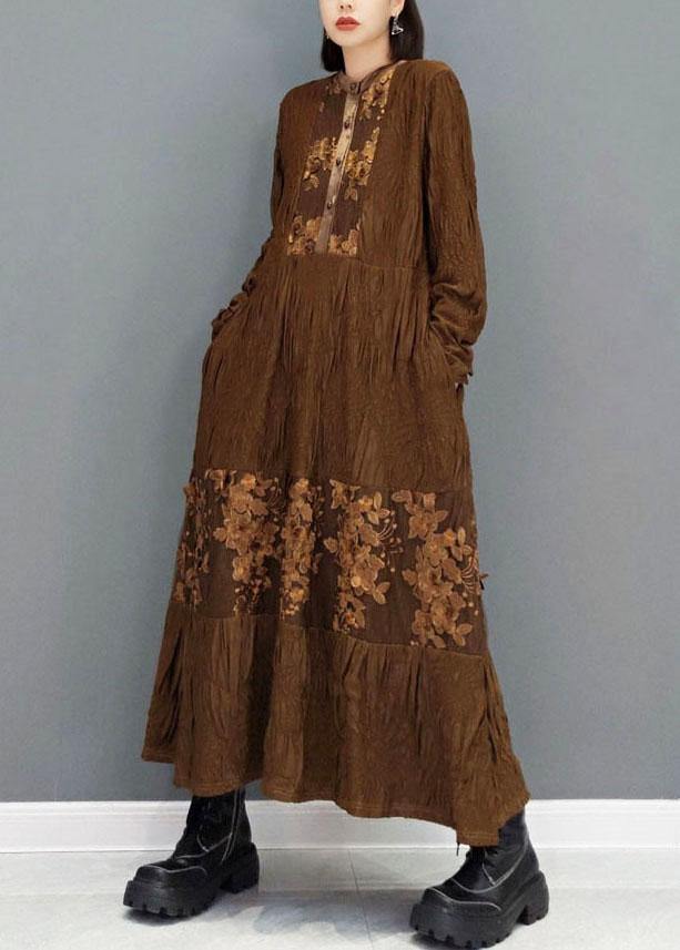 Brown O-neck Button Embroideried Ankle Dress Fall Long Sleeve