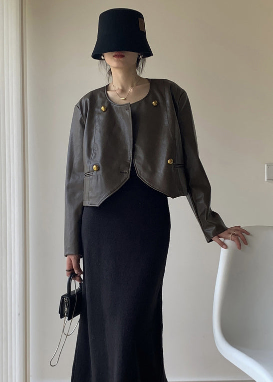 Brown O Neck Button Patchwork Faux Leather Jacket Fall