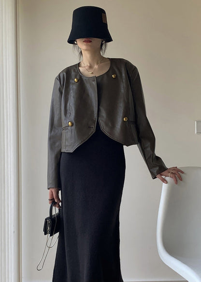 Brown O Neck Button Patchwork Faux Leather Jacket Fall