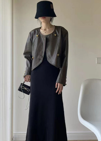 Brown O Neck Button Patchwork Faux Leather Jacket Fall
