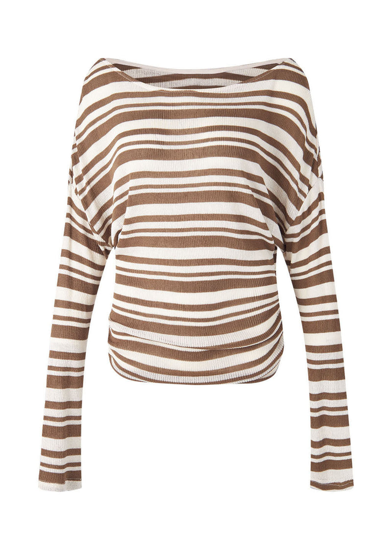 Brown O Neck Striped Knit Blouse Top Fall