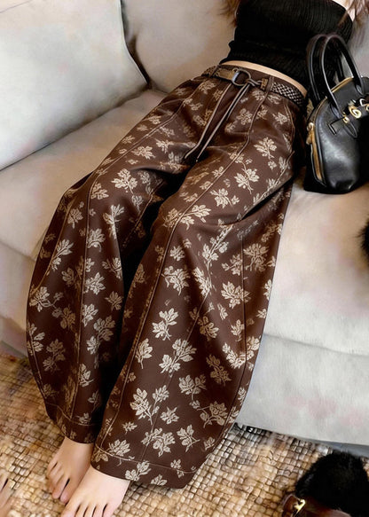 Brown Print Sashes High Waist Wide Leg Pants
