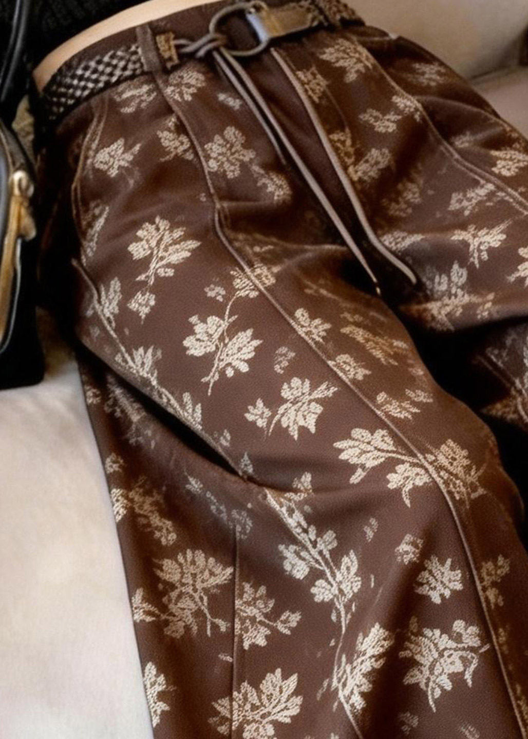Brown Print Sashes High Waist Wide Leg Pants