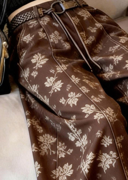 Brown Print Sashes High Waist Wide Leg Pants