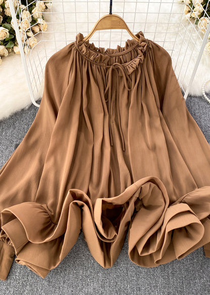 Brown Ruffled Patchwork Chiffon Maxi Tops Spring