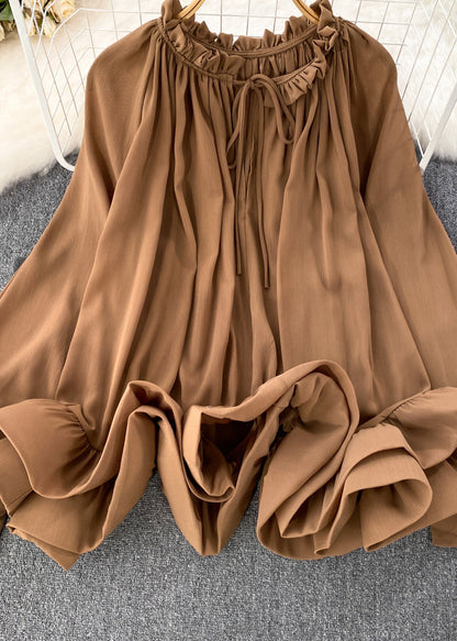 Brown Ruffled Patchwork Chiffon Maxi Tops Spring