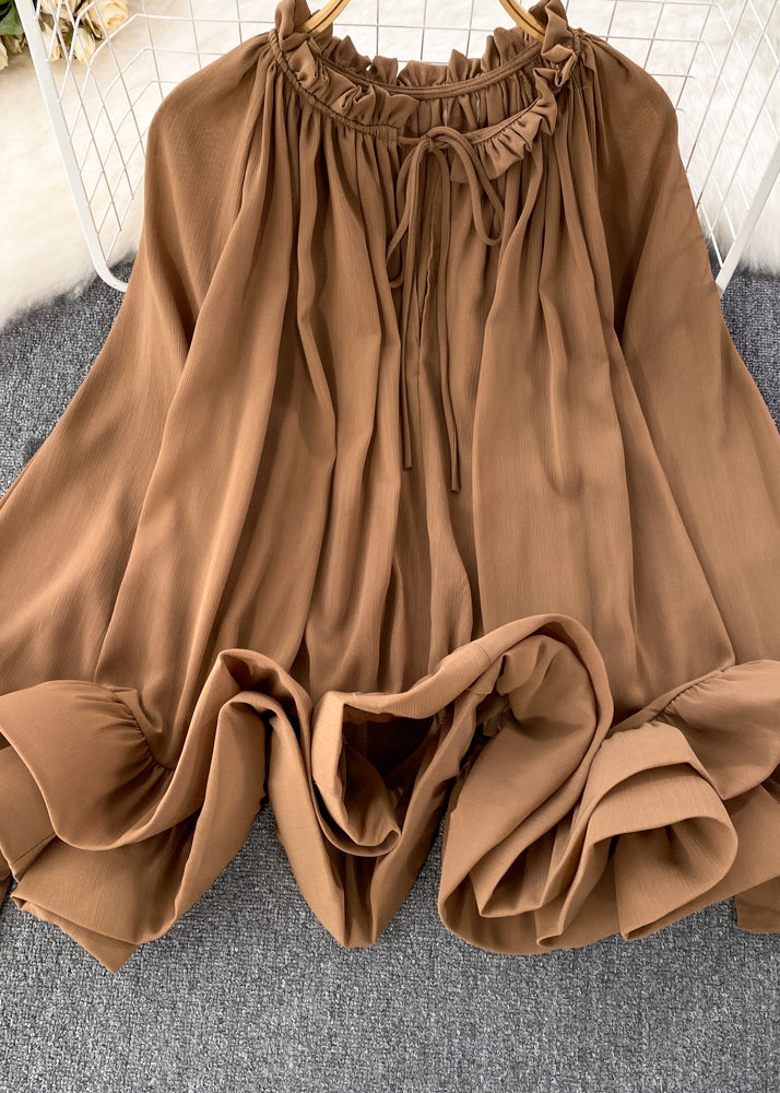 Brown Ruffled Patchwork Chiffon Maxi Tops Spring