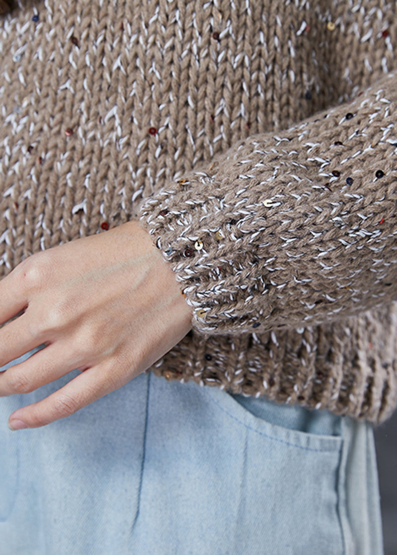Brown Sequins Thick Knitted Tops Winter