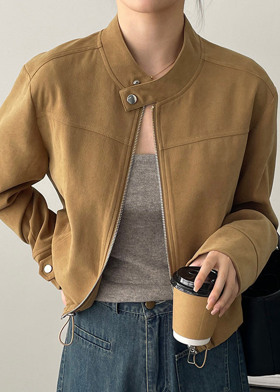 Brown Stand Collar Zippered Faux Suede Coats Spring