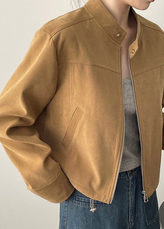 Brown Stand Collar Zippered Faux Suede Coats Spring