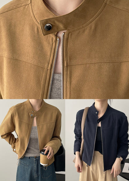 Brown Stand Collar Zippered Faux Suede Coats Spring