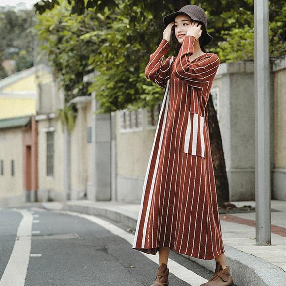 Brown Striped Baggy Maxi Sweater Dresses for