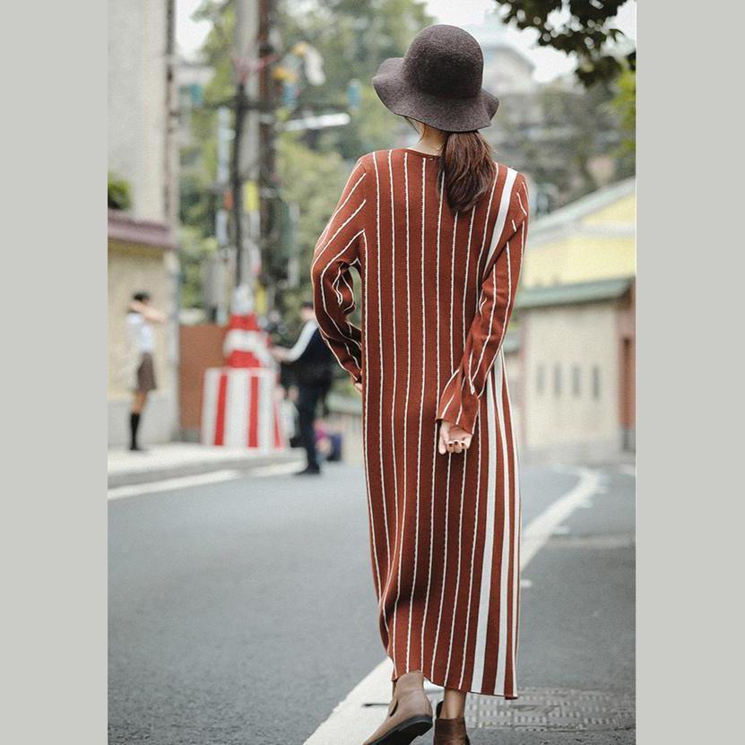 Brown Striped Baggy Maxi Sweater Dresses for