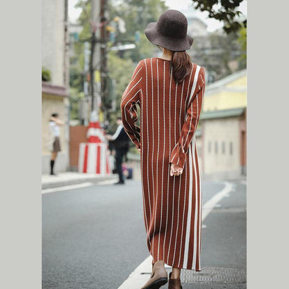 Brown Striped Baggy Maxi Sweater Dresses for