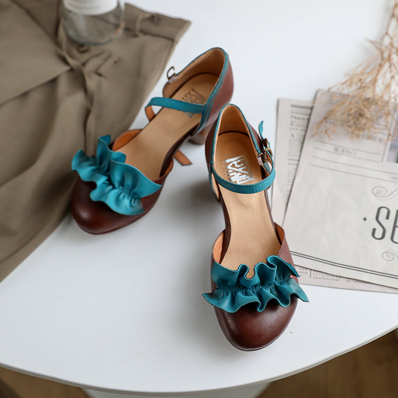 Buckle Strap Chunky High Heels Grey Ruffles Cowhide Leather Chunky Heel