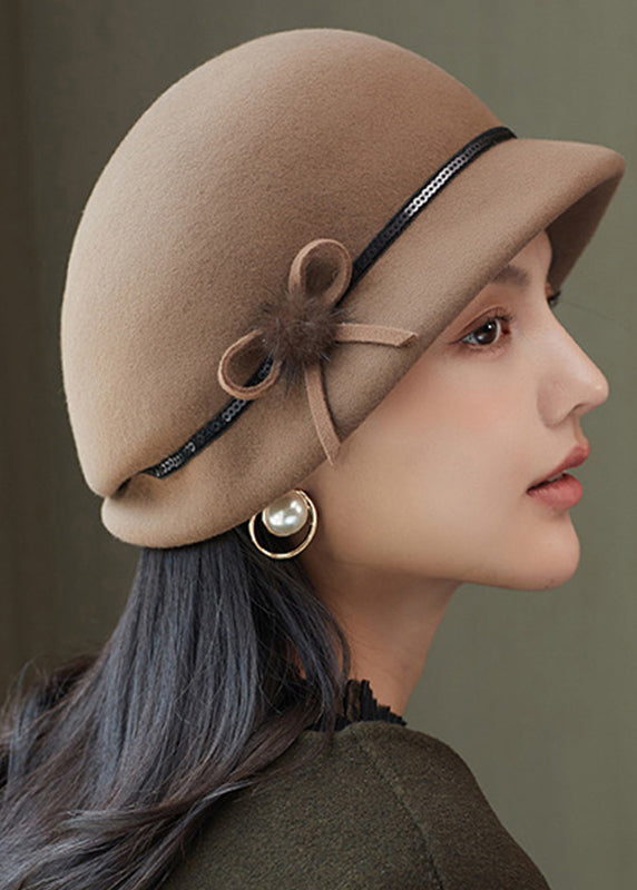 Camel Bow Wool Beret Hat