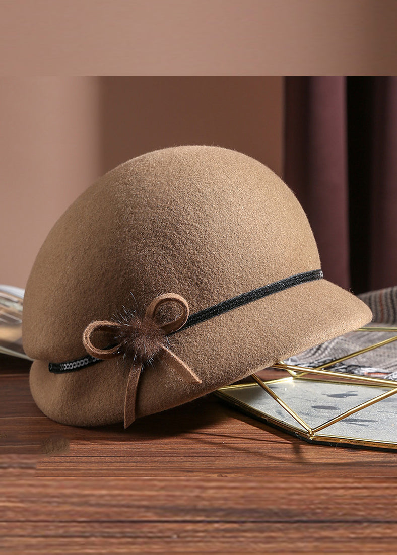 Camel Bow Wool Beret Hat