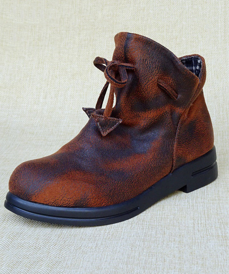 Camel Cotton Fabric Splicing Lace Up Flat Boots