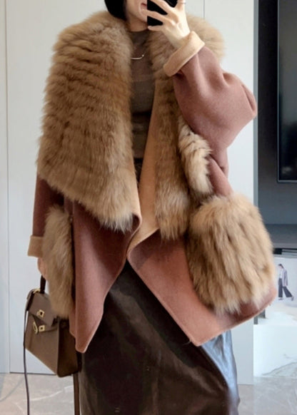 Camel Fur Collar Patchwork Long Woolen Coats Spring