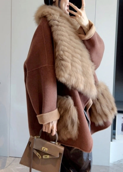 Camel Fur Collar Patchwork Long Woolen Coats Spring
