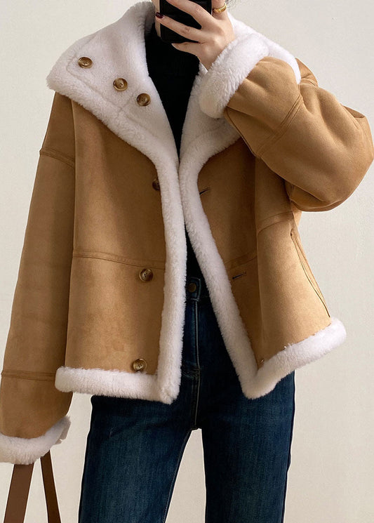 Camel Stand Collar Pockets Patchwork Wear on Both Sides Thick Fleece Jacket Long Sleeve