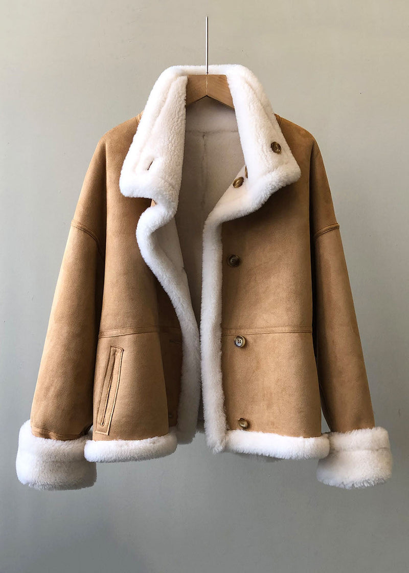 Camel Stand Collar Pockets Patchwork Wear on Both Sides Thick Fleece Jacket Long Sleeve