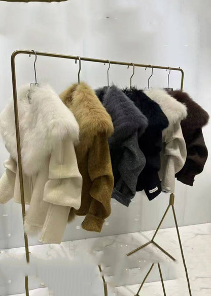 Caramel Coats and Fox Collar Cape Woolen Two Pieces Set Spring