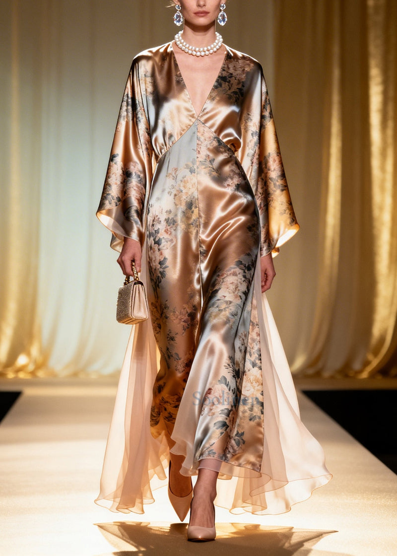 Champagne Print Tulle Patchwork Silk Maxi Dress Summer
