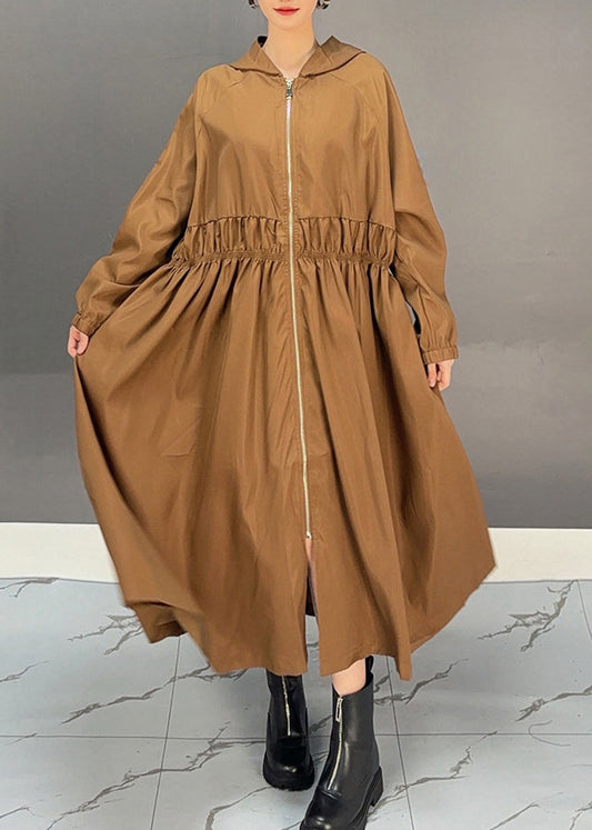 Choco Wrinkled Zippered Maxi Hooded Trench Coat Fall