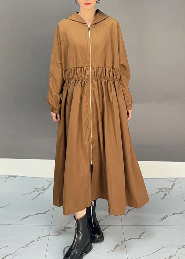 Choco Wrinkled Zippered Maxi Hooded Trench Coat Fall