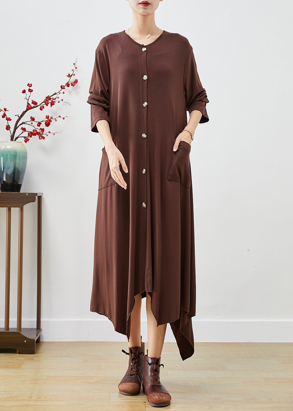 Chocolate Asymmetrical Oversized Cotton Dresses Fall