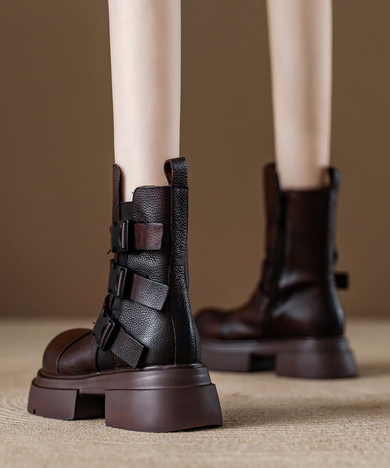 Chocolate Buckle Strap Splicing Platform Boots