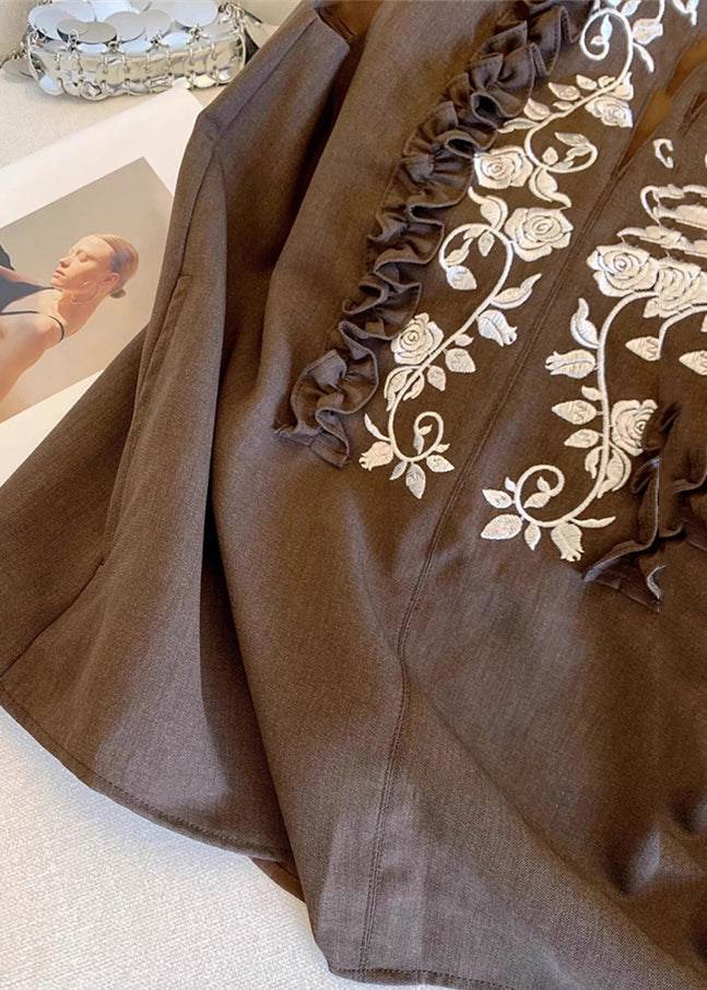 Chocolate Embroideried Ruffled Linen Vests Summer