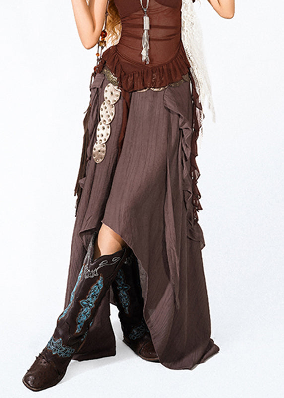 Chocolate Ruffled Asymmetrical Skirts Summer