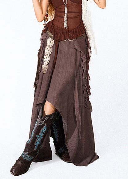 Chocolate Ruffled Asymmetrical Skirts Summer