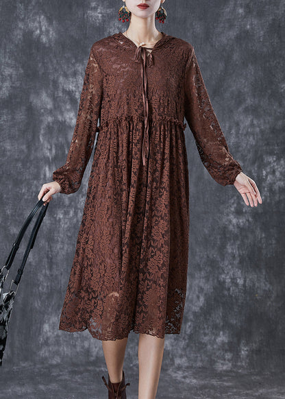 Chocolate Ruffled Hollow Out Lace Long Dresses Fall