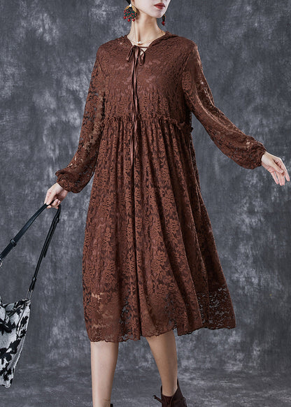 Chocolate Ruffled Hollow Out Lace Long Dresses Fall