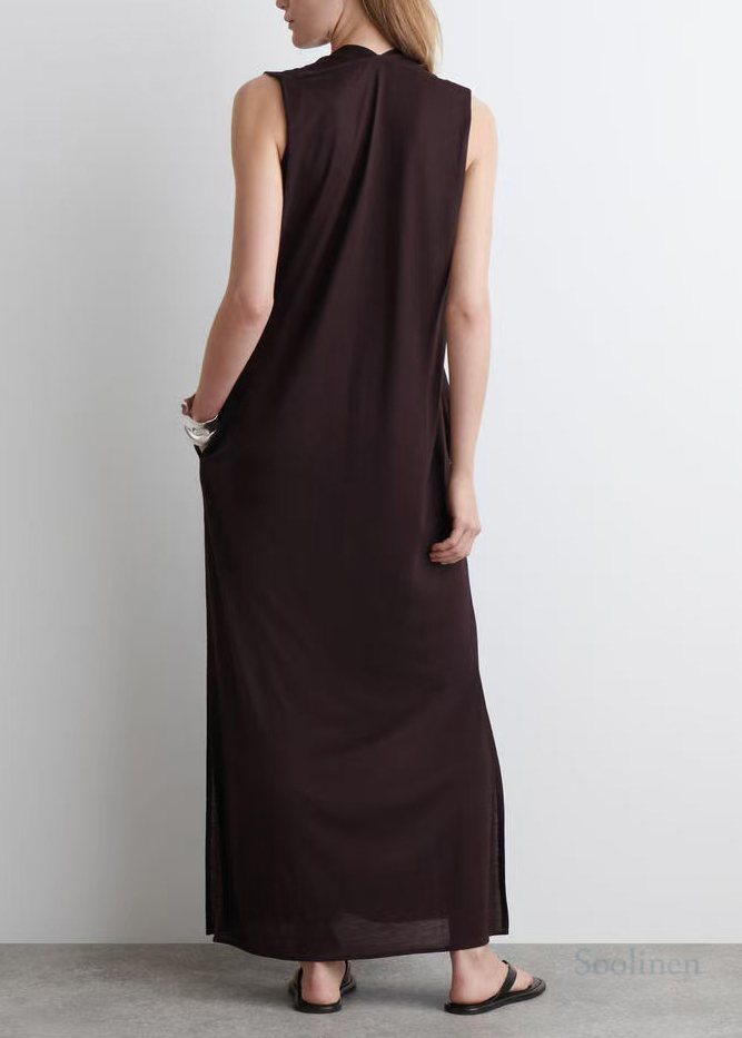 Chocolate V Neck Cotton Straight Dress Sleeveless