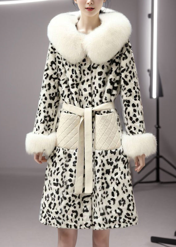 Coffe Leather and Fur Long Coats Print Mink Velvet Spring