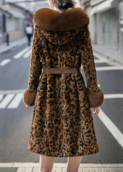 Coffe Leather and Fur Long Coats Print Mink Velvet Spring