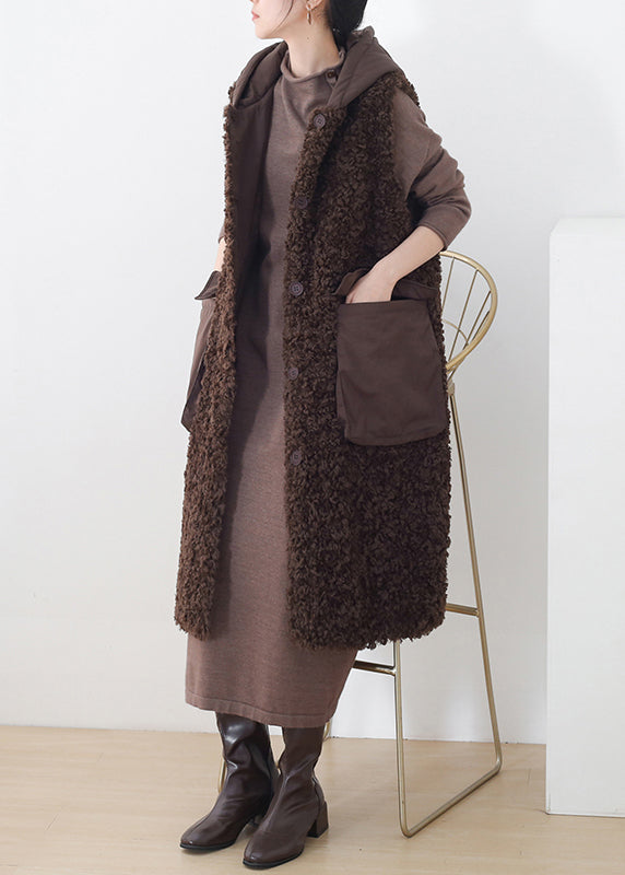 Chocolate Colour Button Woolen Hooded Waistcoat Sleeveless