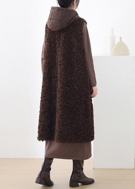 Chocolate Colour Button Woolen Hooded Waistcoat Sleeveless