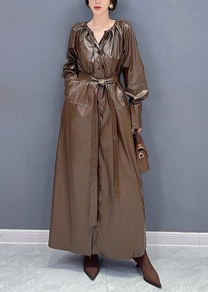 Coffee Drawstring Tie Waist Faux Leather Long Trench Coat Fall