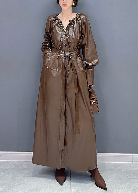 Coffee Drawstring Tie Waist Faux Leather Long Trench Coat Fall