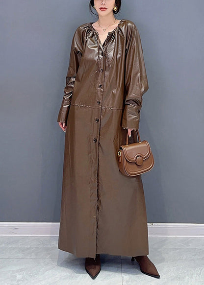 Coffee Drawstring Tie Waist Faux Leather Long Trench Coat Fall