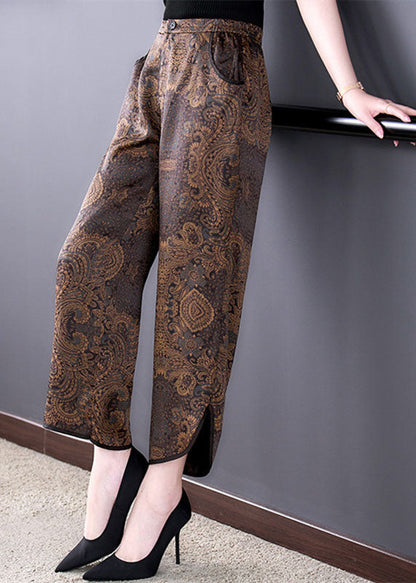 Chocolate Elastic Waist Pockets Side Open Print Silk Crop Pants Summer