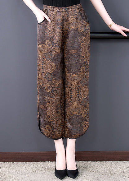 Chocolate Elastic Waist Pockets Side Open Print Silk Crop Pants Summer
