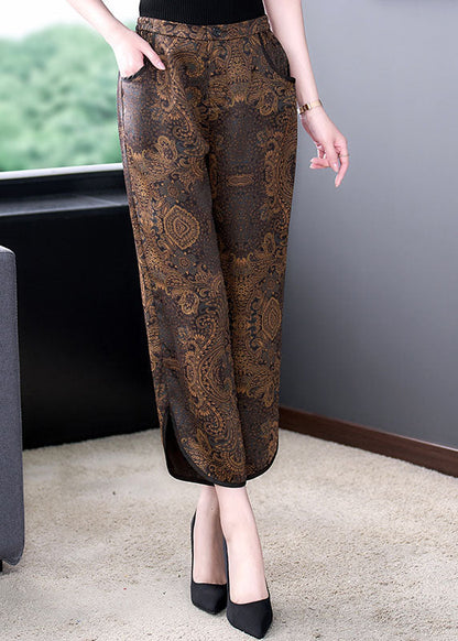 Chocolate Elastic Waist Pockets Side Open Print Silk Crop Pants Summer