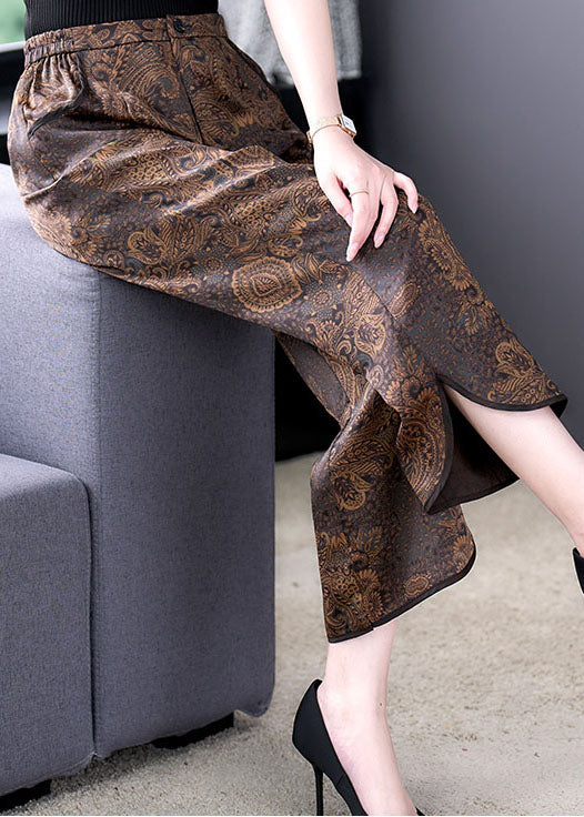 Chocolate Elastic Waist Pockets Side Open Print Silk Crop Pants Summer