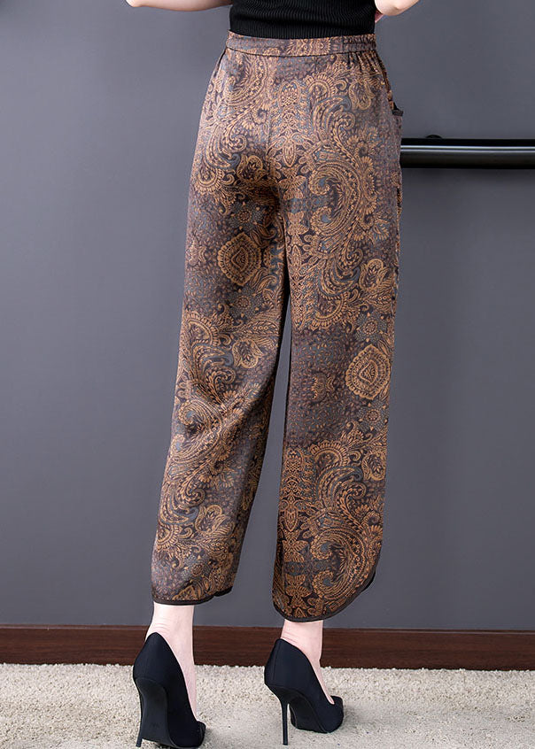 Chocolate Elastic Waist Pockets Side Open Print Silk Crop Pants Summer
